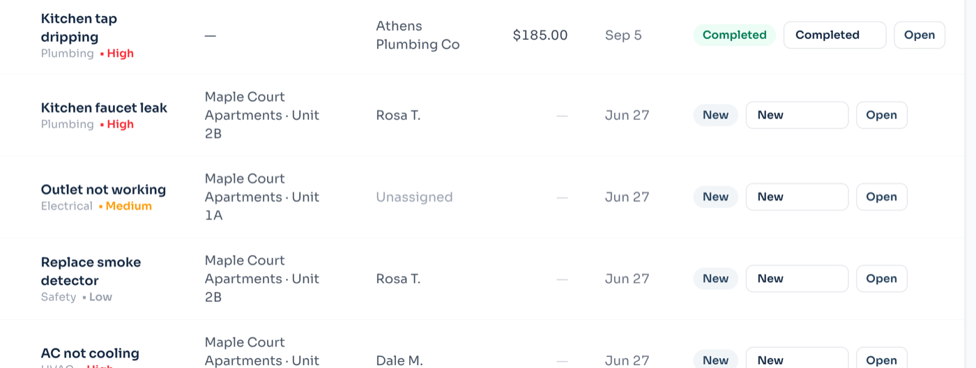 A work order list showing issue, unit, assigned contractor, cost and status.